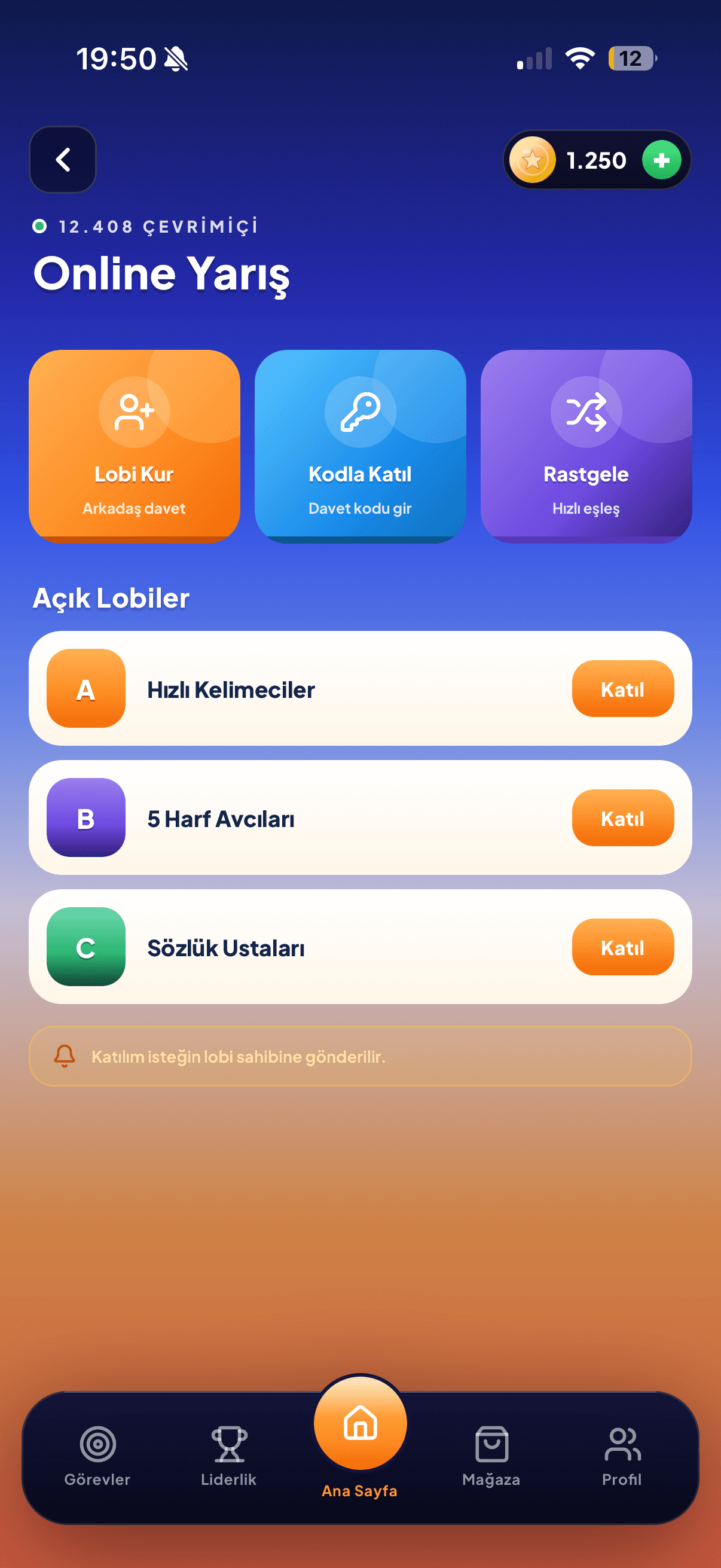 WordAst canlı düello oyun ekranı